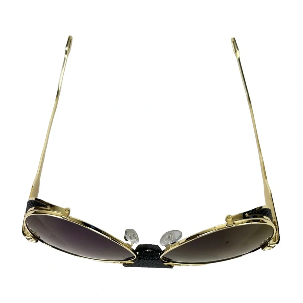 AVIATOR Gold Metal Frame Blue Purple Lense Faux Leather Black Trim Sunglasses - Picture 11 of 15
